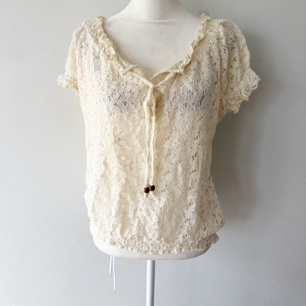 Vintage Women Lace Beaded Tassel Top Medium Boho Casual Cottage Feminine Peasant